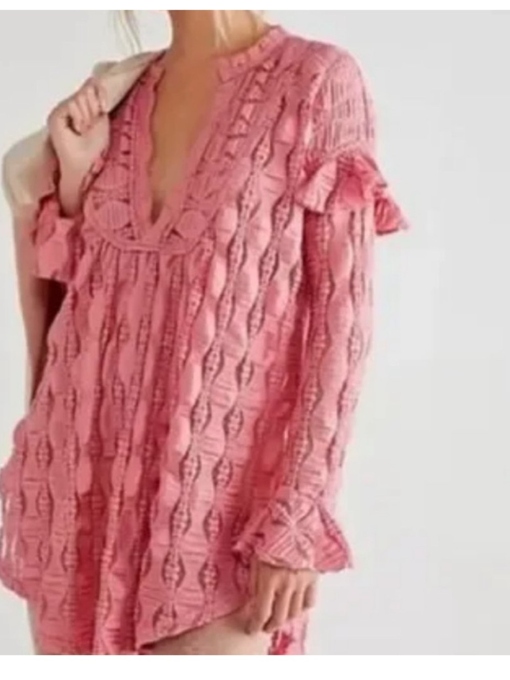 Free People Candy Shop Lace Ruffle Sleeve Tunic Pink Size Large